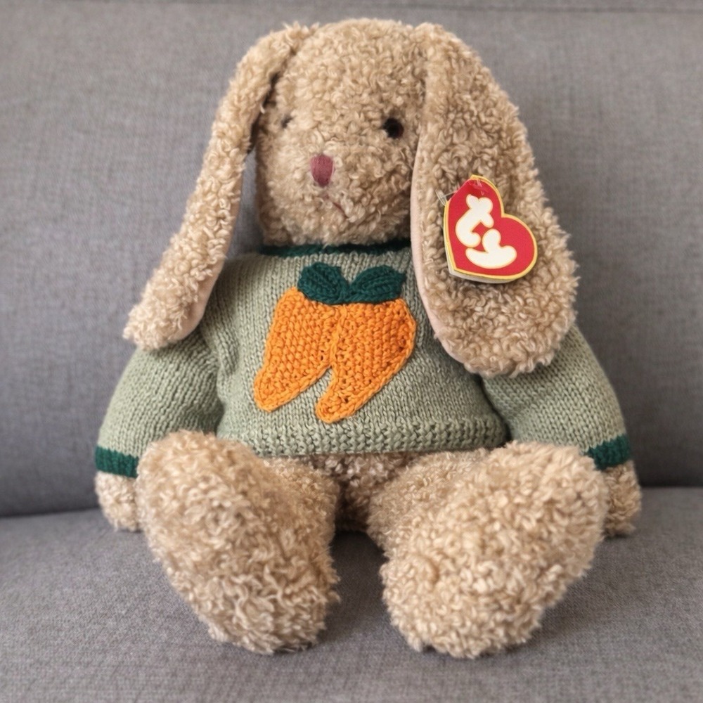 TY Curly Bunny Plush Rabbit 17" 1991 Green Sweater Carrot NWT